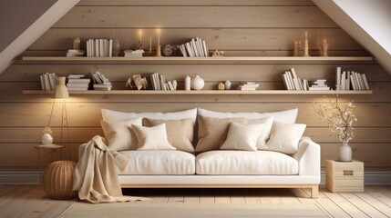 Fototapeta na wymiar Cream-colored sofa with several pillows near a wood-paneled wall with shelves. Scandinavian interior design of a modern-style living room in the loft