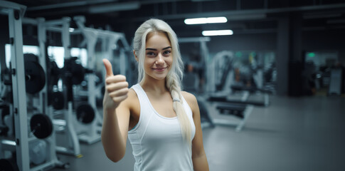 Fototapeta premium Smiling Woman, fitness and thumbs up to health, workout and training to live an active, wellness and healthy lifestyle with gym. Personal trainer