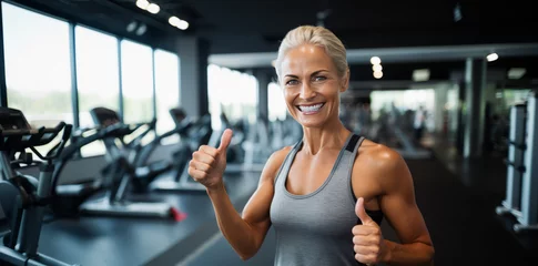 Gordijnen Smiling Woman, fitness and thumbs up to health, workout and training to live an active, wellness and healthy lifestyle with gym. Personal trainer © GustavsMD