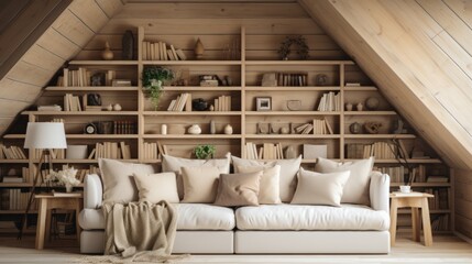 Fototapeta na wymiar Cream-colored sofa with several pillows near a wood-paneled wall with shelves. Scandinavian interior design of a modern-style living room in the loft