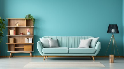 Turquoise sofa and wooden shelves near a turquoise wall. The interior design of the Scandinavian-style living room is modern and stylish.