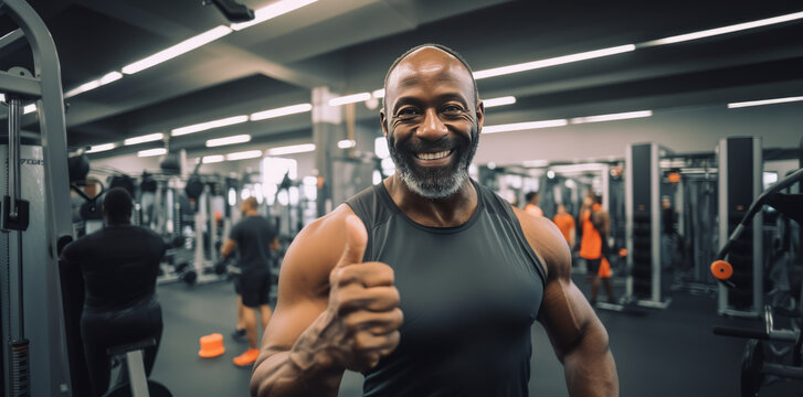 Portrait of smiling African American man in the gym. He has thumbs up in positive attitude. Concept of sport and healthy life.