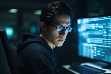 Code, Asian man and reflection in glasses, focus and programming for cyber security, hacking and modern office, Japan, male employee with eyewear and IT specialist coding, programming and thinking