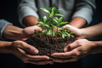 Plants, sustainability and the earth in the hands of business people for teamwork, support or...