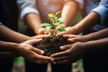 Plants, sustainability and the earth in the hands of business people for teamwork, support or environment Collaborating, growing, and investing in people and the soil for the future.