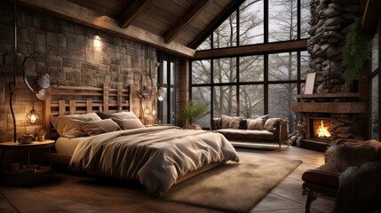 Photo of a rustic interior design of a modern bedroom Create a wide-angle lens for daylight white light.