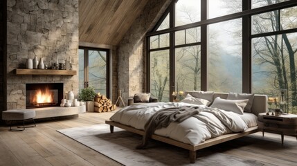 Photo of a rustic interior design of a modern bedroom Create a wide-angle lens for daylight white light.