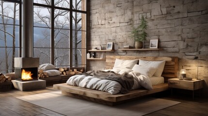 Photo of a rustic interior design of a modern bedroom Create a wide-angle lens for daylight white light.