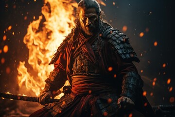 Naklejka premium a samurai standing with a katana and wide angle lens, realistic fireworks.