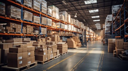 A warehouse full of shelves with products in cardboard boxes and packages.