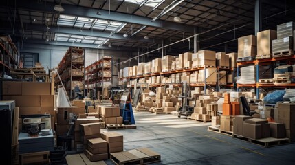 Obraz premium A warehouse full of shelves with products in cardboard boxes and packages.
