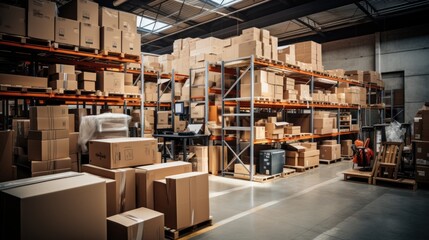 Obraz premium A warehouse full of shelves with products in cardboard boxes and packages.