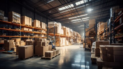 A warehouse full of shelves with products in cardboard boxes and packages.