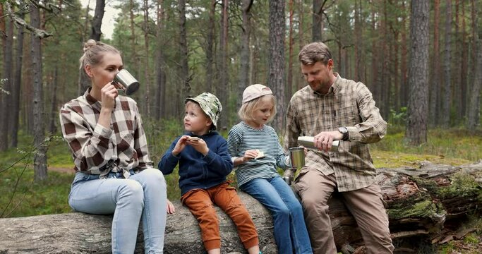 family with children having little picnic while resting on fallen tree trunk after hike in forest. drinking tea and eating sandwiches. outdoor activities