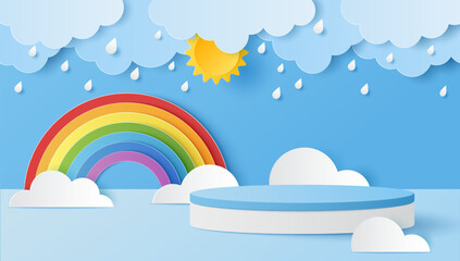 Paper cut of cylinder podium for products display presentation with sun, clouds, raindrops and rainbow. Vector illustration