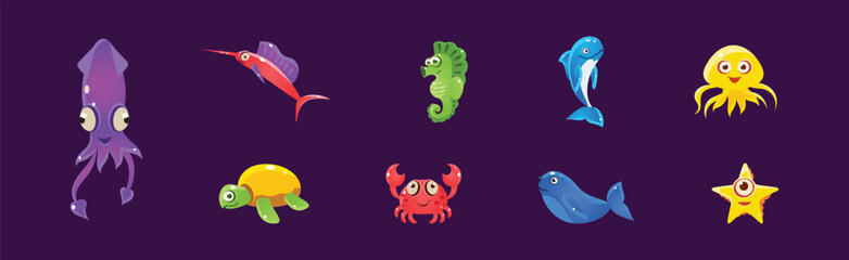 Funny Sea Animals and Underwater Creature Vector Set