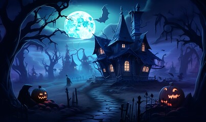 haunted house digital art haloween background, ai generative