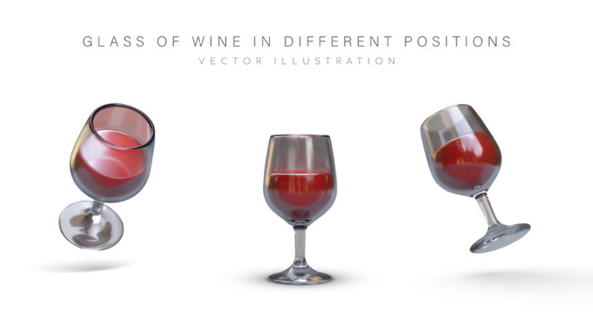 Standard glass of wine. Glassware with alcoholic drink. Detailed image with highlights and shadows. Isolated vector illustration. Set of icons for wine business, cafe, restaurant
