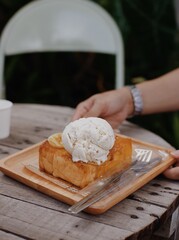 Honey toast with ice cream and banana dessert
