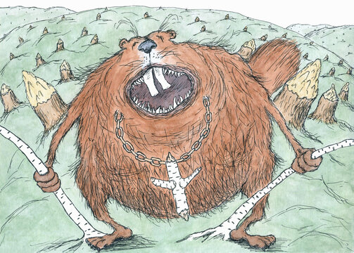 Insatiabe beaver. Illustration. Caricature. All that was left of the trees in the forest were stumps. Drawn on paper December 18, 2019.