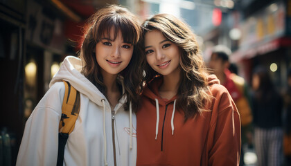Fototapeta premium two japanese girls walking in shopping streets of tokyo enjoying the city.