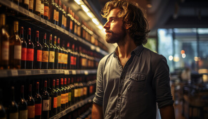 young man in bright colorful supermarket by the wine section holding a bottle of wine.,generative ai
