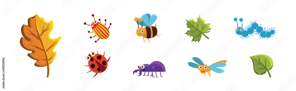 Canvas Prints funny insect small crawling animal and leaf vector set