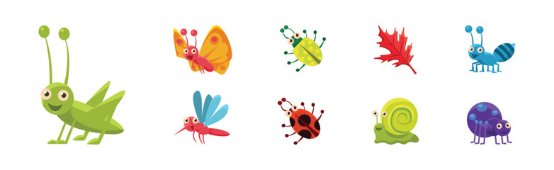 Funny Insect Small Crawling Animal and Leaf Vector Set