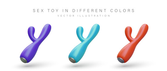 Set of realistic colored rabbit vibrators. Device for stimulating clitoris and vagina. Sex toy. Illustrations for website, application for adults. Icons for sex shop - obrazy, fototapety, plakaty