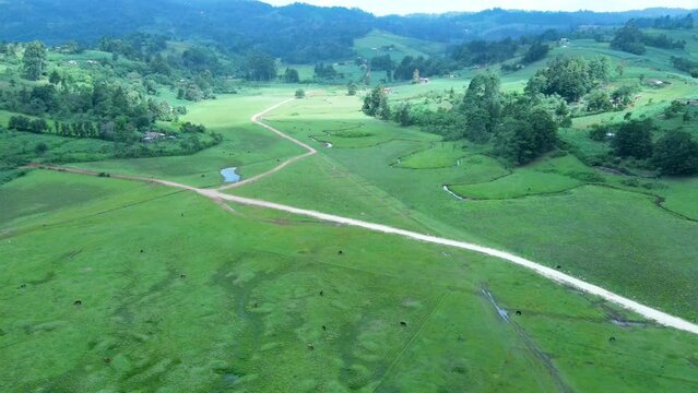 Cinematic aerial view over a beautiful meadow located in highlands in Yarula, Honduras