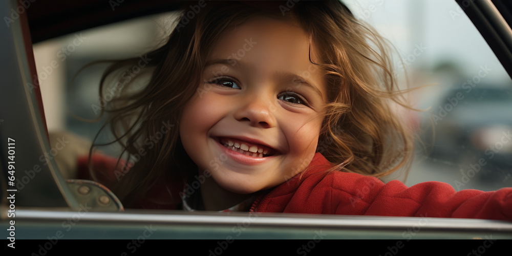 Canvas Prints a little girl smiling mischievously out of a car window.generative ai