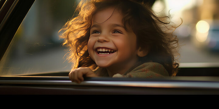 a little girl smiling mischievously out of a car window.