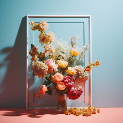 Bouquet of Flowers in a Vase Against a Blue Picture Frame on a Blue Wall: Perfect for Home Décor and Special Occasions,  A Valentine's Day Card., love concept with copy space.