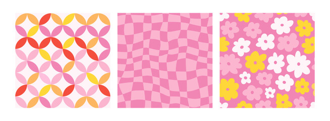 Y2k seamless patterns with daisy, geometric shapes and stars. Set of vector backgrounds in trendy retro trippy 2000s style. Red, pink and yellow colors. Funny cute texture for surface design.