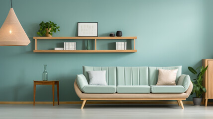 Light turquoise sofa and wooden shelving unit near teal wall. Scandinavian interior design