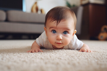 Close up Portrait of a crawling baby on the carpet in my room