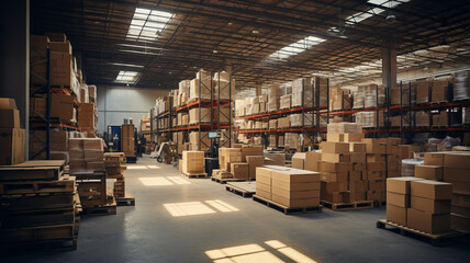 Warehouse full of shelves with goods in cardboard boxes and packages.