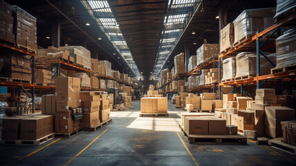 Warehouse full of shelves with goods in cardboard boxes and packages.