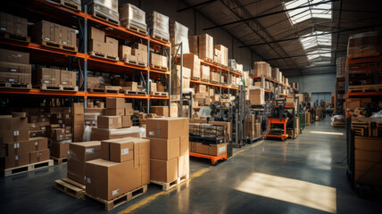 Warehouse full of shelves with goods in cardboard boxes and packages.