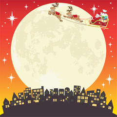 Naklejka premium クリスマスの夜に星空の中をトナカイのソリで飛ぶサンタクロースのベクターイラスト