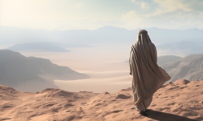 man in abaya and white headscarf walking in the desert, ai generative