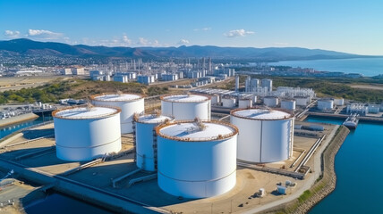 Aerial view oil terminal storage tank, White oil tank storage chemical petroleum.generative ai