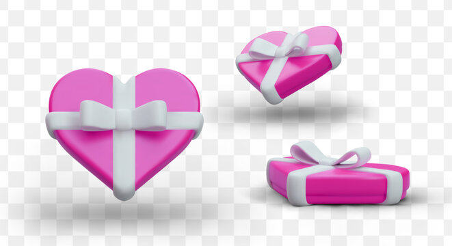 Romantic gift for Valentine Day. Pink heart shaped gift box. Candies, jewels, sweets. Pleasant surprise. Message from mysterious admirer. Set of color illustrations