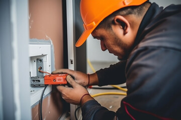 Close up of professional electrician worker with screwdriver is repairing power socket in kitchen