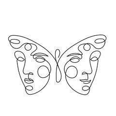 Butterfly surreal faces Continuous line. Abstract One line drawing style. - 649142320