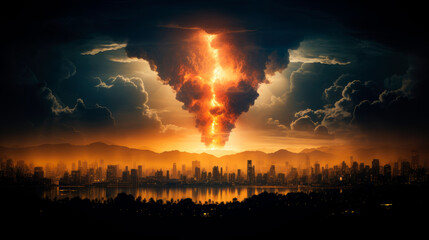 Massive bomb explosion in a long distance over a night city