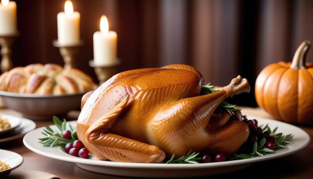 Thanksgiving dinner with turkey and candlelight. Thanksgiving Day holiday celebration