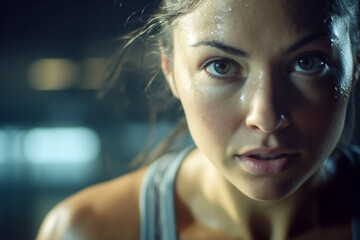 Close-up Shot of a Beautiful Athletic Woman Looks into Camera, She's Tired after Intensive Cross Fitness Exercise