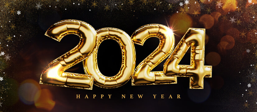 balloon design happy new year 2024. With shiny golden numbers and golden glitters scattered. 3d render, illustration.