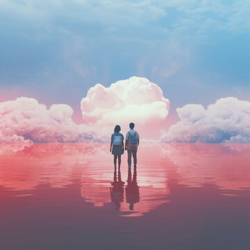 Distant Couple by the Shore: A Dreamy Illustration of Love Reflecting on Water Under Pastel Skies—Perfect for Capturing Romantic Moments